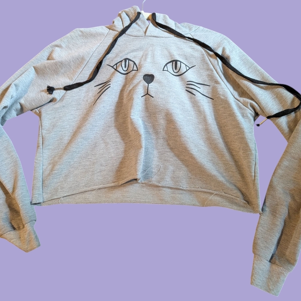 Kawaii Cat Face Cropped Hoodie Hot Topic Grey E-Girl Aesthetic Pullover Size